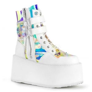 Demonia Damned-115 - White Vegan Leather Clear Hologram Boots